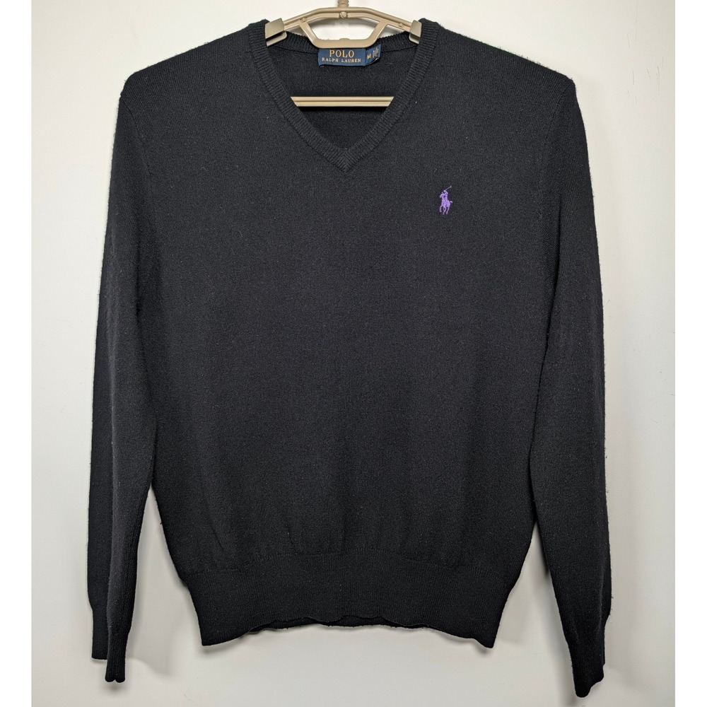 Polo Ralph Lauren Mens V-Neck Sweater 100% Merino Wool Black Purple Pony M